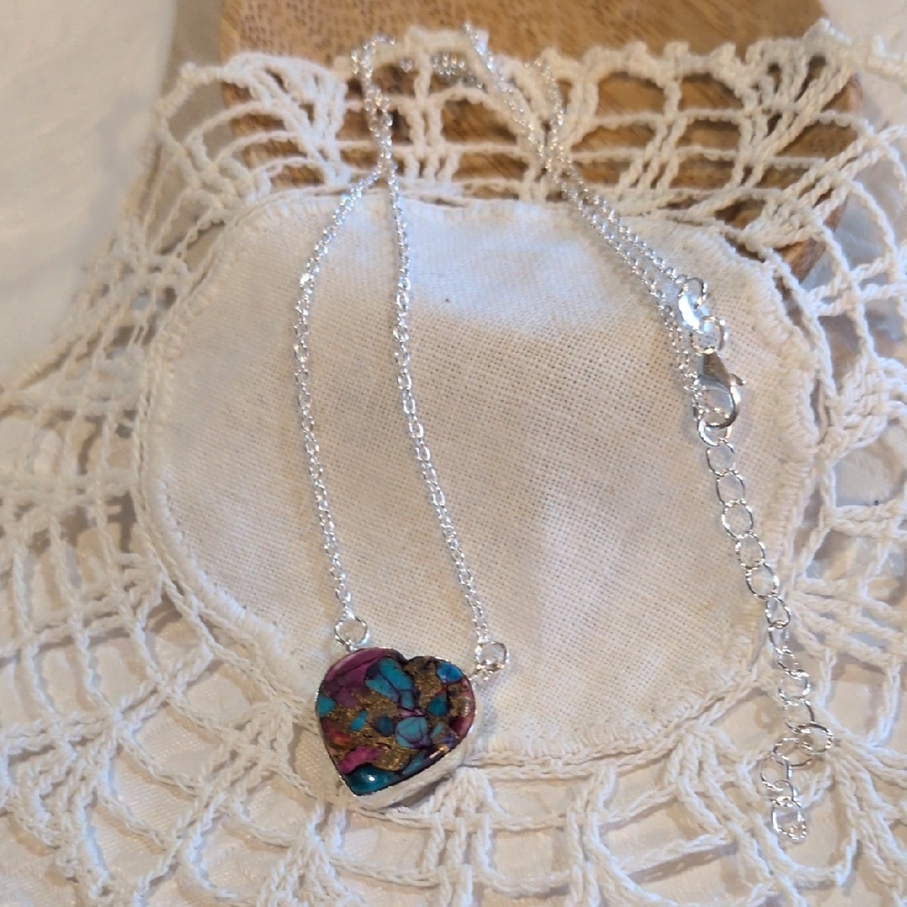 Silver Heart Pendant Necklace with Spiny Oyster Turquoise New!